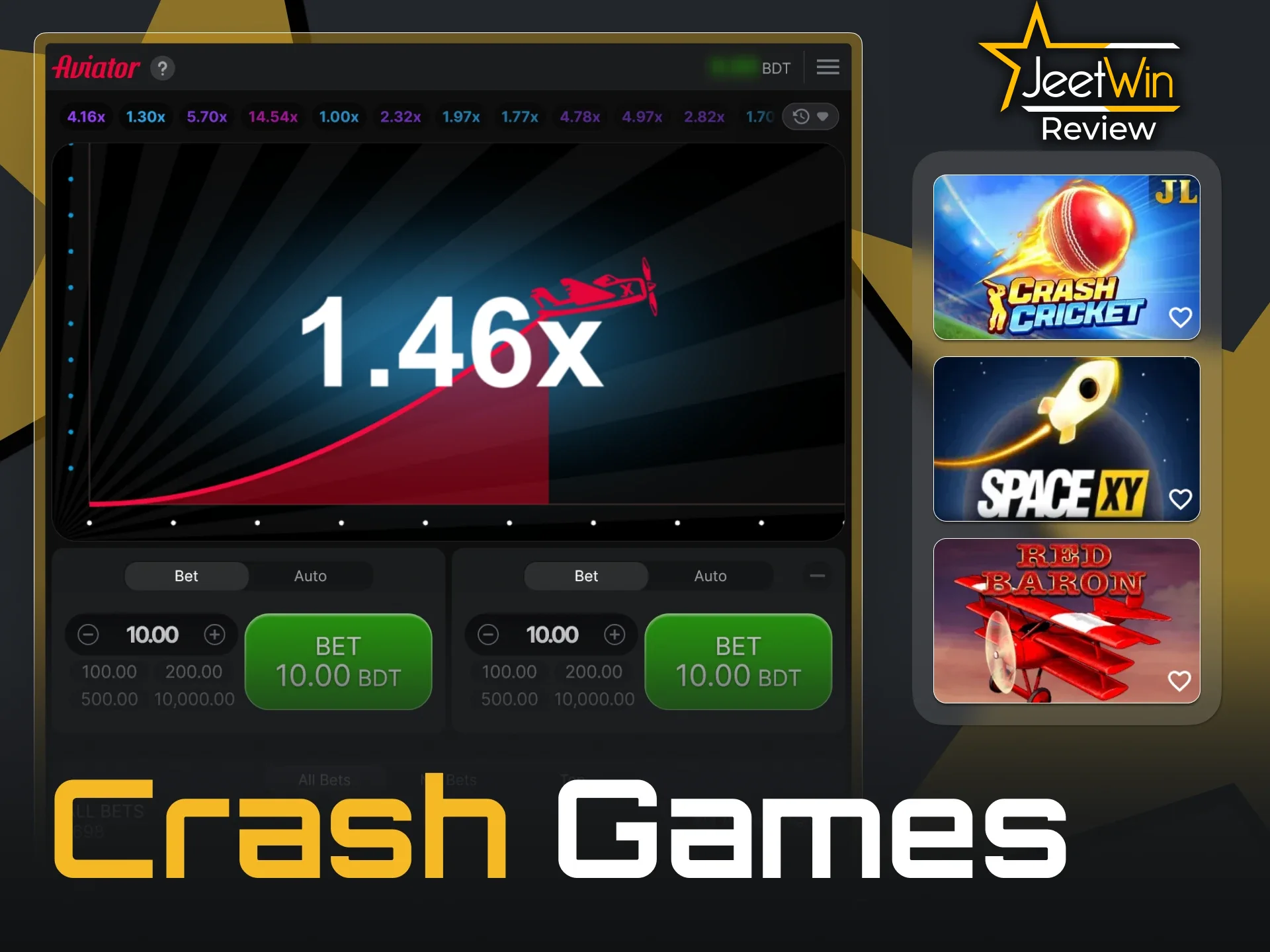 Aviator, Space XY, Crash Cricket এবং অন্যান্য ক্র্যাশ গেম JeetWin-এ পাওয়া যায়।